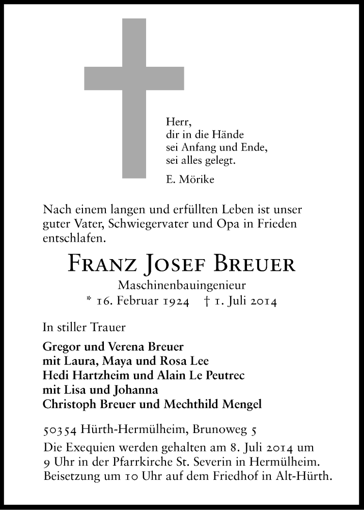  Traueranzeige für Franz Josef Breuer vom 05.07.2014 aus Kölner Stadt-Anzeiger / Kölnische Rundschau / Express