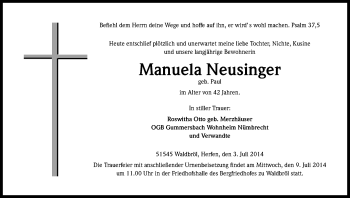 Anzeige von Manuela Neusinger von Kölner Stadt-Anzeiger / Kölnische Rundschau / Express