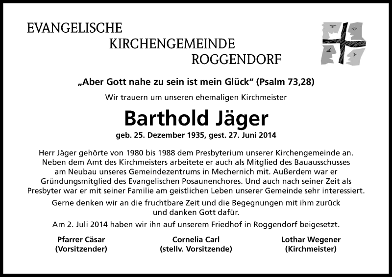  Traueranzeige für Barthold Jäger vom 05.07.2014 aus Kölner Stadt-Anzeiger / Kölnische Rundschau / Express