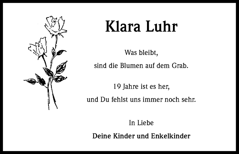  Traueranzeige für Klara Luhr vom 07.07.2014 aus Kölner Stadt-Anzeiger / Kölnische Rundschau / Express