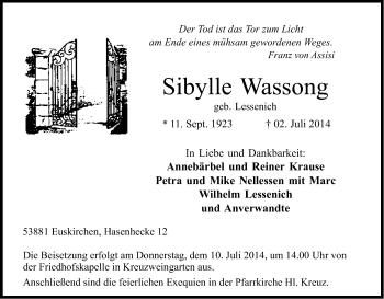 Anzeige von Sibylle Wassong von Kölner Stadt-Anzeiger / Kölnische Rundschau / Express