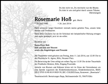 Anzeige von Rosemarie Hoß von Kölner Stadt-Anzeiger / Kölnische Rundschau / Express