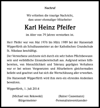 Anzeige von Karl Heinz Pfeifer von Kölner Stadt-Anzeiger / Kölnische Rundschau / Express