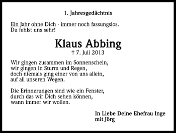 Anzeige von Klaus Abbing von Kölner Stadt-Anzeiger / Kölnische Rundschau / Express