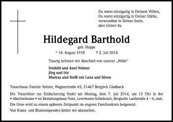 Anzeige von Hildegard Barthold von Kölner Stadt-Anzeiger / Kölnische Rundschau / Express
