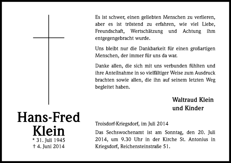  Traueranzeige für Hans-Fred Klein vom 16.07.2014 aus Kölner Stadt-Anzeiger / Kölnische Rundschau / Express