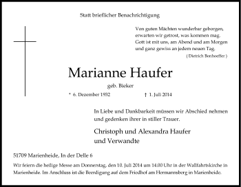 Anzeige von Marianne Haufer von Kölner Stadt-Anzeiger / Kölnische Rundschau / Express