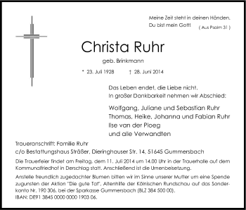 Anzeige von Christa Ruhr von Kölner Stadt-Anzeiger / Kölnische Rundschau / Express