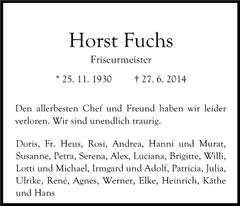 Anzeige von Horst Fuchs von Kölner Stadt-Anzeiger / Kölnische Rundschau / Express