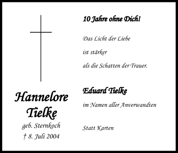 Anzeige von Hannelore Tielke von Kölner Stadt-Anzeiger / Kölnische Rundschau / Express
