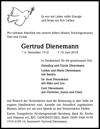 Anzeige von Gertrud Dienemann von Kölner Stadt-Anzeiger / Kölnische Rundschau / Express
