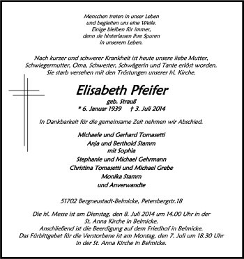 Anzeige von Elisabeth Pfeifer von Kölner Stadt-Anzeiger / Kölnische Rundschau / Express