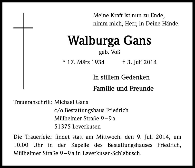  Traueranzeige für Walburga Gans vom 07.07.2014 aus Kölner Stadt-Anzeiger / Kölnische Rundschau / Express