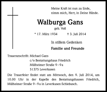 Anzeige von Walburga Gans von Kölner Stadt-Anzeiger / Kölnische Rundschau / Express
