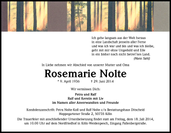 Anzeige von Rosemarie Nolte von Kölner Stadt-Anzeiger / Kölnische Rundschau / Express