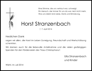 Anzeige von Horst Stranzenbach von Kölner Stadt-Anzeiger / Kölnische Rundschau / Express