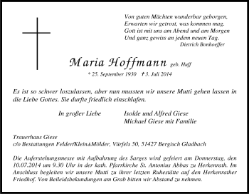 Anzeige von Maria Hoffmann von Kölner Stadt-Anzeiger / Kölnische Rundschau / Express