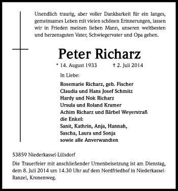 Anzeige von Peter Richarz von Kölner Stadt-Anzeiger / Kölnische Rundschau / Express