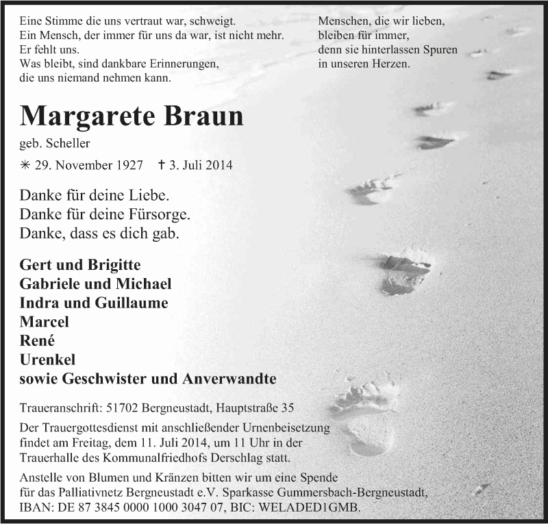  Traueranzeige für Margarete Braun vom 07.07.2014 aus Kölner Stadt-Anzeiger / Kölnische Rundschau / Express