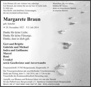 Anzeige von Margarete Braun von Kölner Stadt-Anzeiger / Kölnische Rundschau / Express