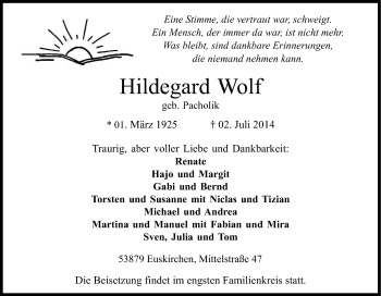 Anzeige von Hildegard Wolf von Kölner Stadt-Anzeiger / Kölnische Rundschau / Express