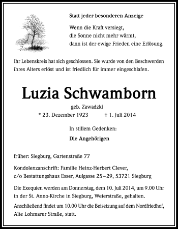 Anzeige von Luzia Schwamborn von Kölner Stadt-Anzeiger / Kölnische Rundschau / Express