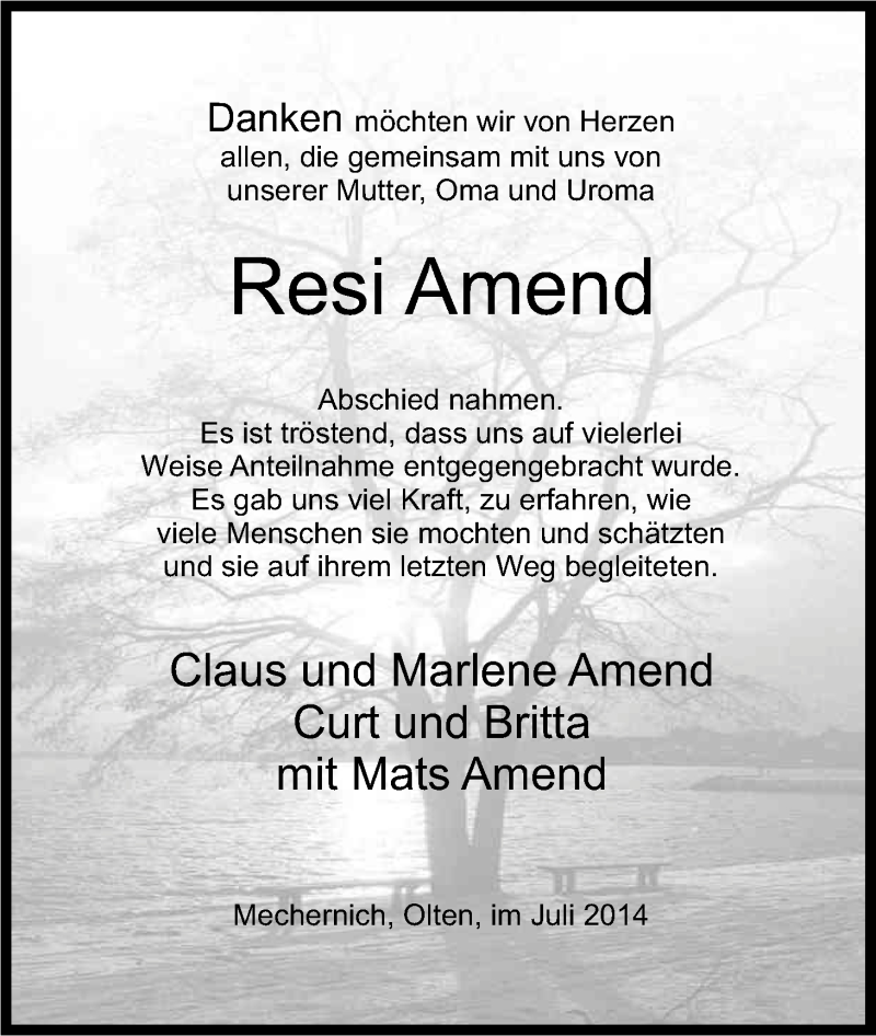  Traueranzeige für Resi Amend vom 12.07.2014 aus Kölner Stadt-Anzeiger / Kölnische Rundschau / Express