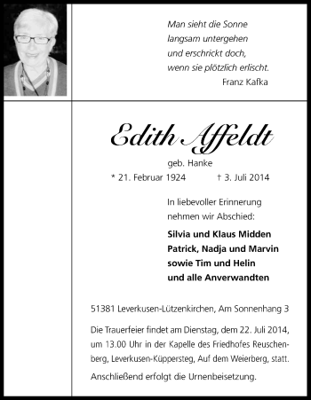 Anzeige von Edith Affeldt von Kölner Stadt-Anzeiger / Kölnische Rundschau / Express