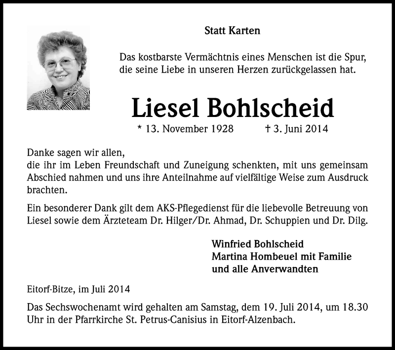  Traueranzeige für Liesel Bohlscheid vom 12.07.2014 aus Kölner Stadt-Anzeiger / Kölnische Rundschau / Express