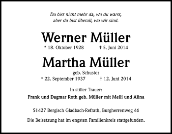 Anzeige von Werner und Martha Müller von Kölner Stadt-Anzeiger / Kölnische Rundschau / Express