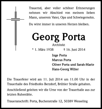 Anzeige von Georg Porta von Kölner Stadt-Anzeiger / Kölnische Rundschau / Express