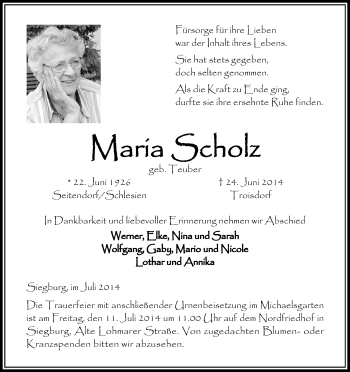Anzeige von Maria Scholz von Kölner Stadt-Anzeiger / Kölnische Rundschau / Express