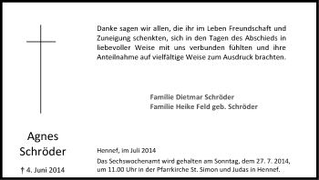 Anzeige von Agnes Schröder von Kölner Stadt-Anzeiger / Kölnische Rundschau / Express