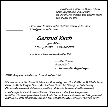Anzeige von Gertrud Kirch von Kölner Stadt-Anzeiger / Kölnische Rundschau / Express
