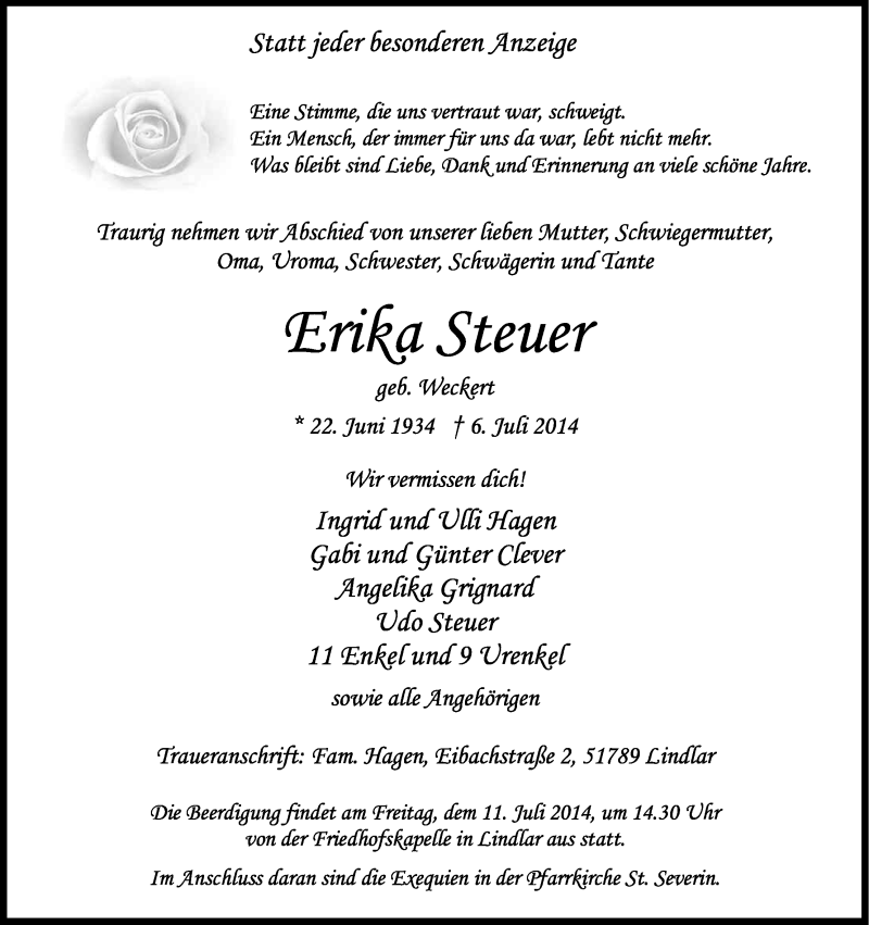  Traueranzeige für Erika Steuer vom 08.07.2014 aus Kölner Stadt-Anzeiger / Kölnische Rundschau / Express