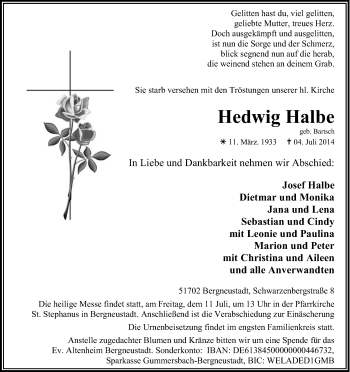 Anzeige von Hedwig Halbe von Kölner Stadt-Anzeiger / Kölnische Rundschau / Express