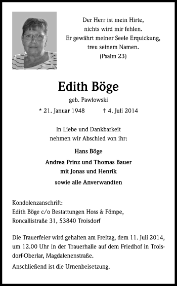 Anzeige von Edith Böge von Kölner Stadt-Anzeiger / Kölnische Rundschau / Express