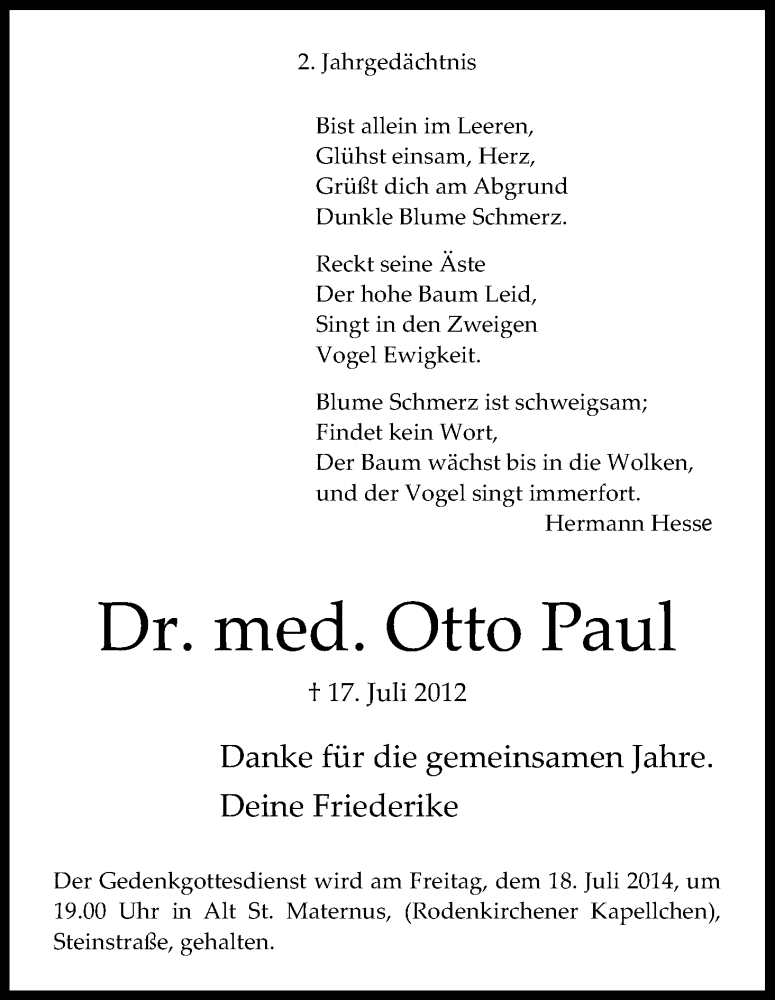 Traueranzeige für Otto Paul vom 12.07.2014 aus Kölner Stadt-Anzeiger / Kölnische Rundschau / Express