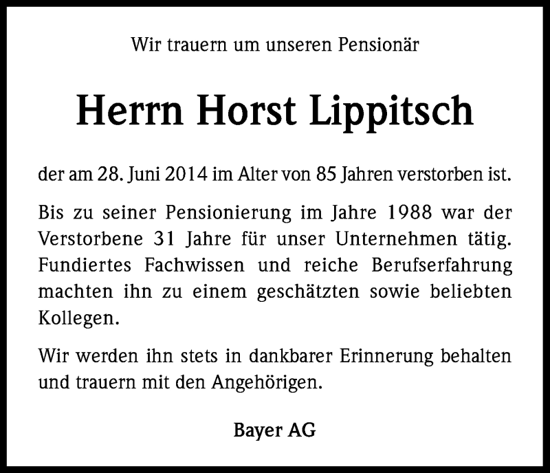  Traueranzeige für Horst Lippitsch vom 08.07.2014 aus Kölner Stadt-Anzeiger / Kölnische Rundschau / Express