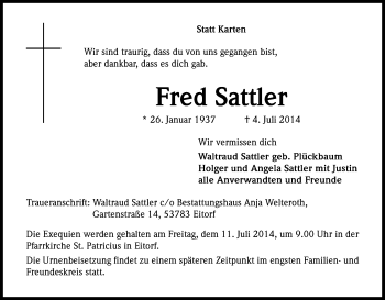 Anzeige von Fred Sattler von Kölner Stadt-Anzeiger / Kölnische Rundschau / Express