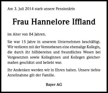 Anzeige von Hannelore Iffland von Kölner Stadt-Anzeiger / Kölnische Rundschau / Express