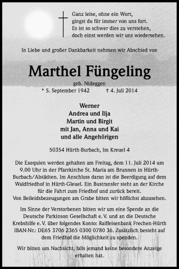 Anzeige von Marthel Füngeling von Kölner Stadt-Anzeiger / Kölnische Rundschau / Express