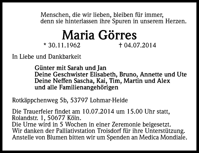  Traueranzeige für Maria Görres vom 09.07.2014 aus Kölner Stadt-Anzeiger / Kölnische Rundschau / Express