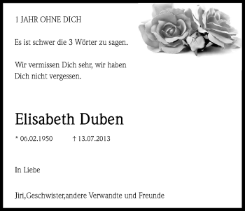 Anzeige von Elisabeth Duben von Kölner Stadt-Anzeiger / Kölnische Rundschau / Express