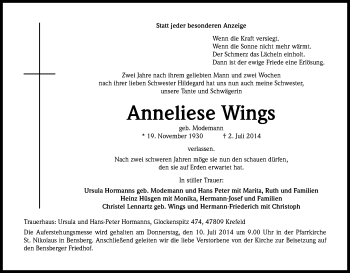 Anzeige von Anneliese Wings von Kölner Stadt-Anzeiger / Kölnische Rundschau / Express
