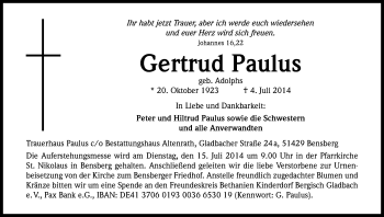 Anzeige von Gertrud Paulus von Kölner Stadt-Anzeiger / Kölnische Rundschau / Express