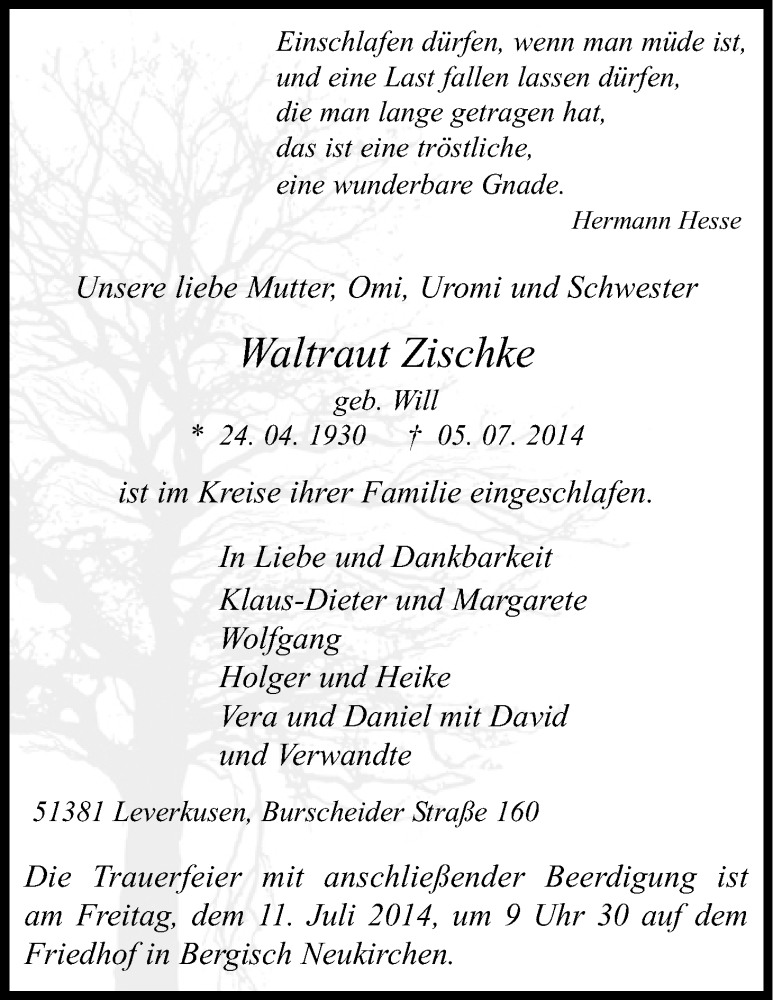  Traueranzeige für Waltraut Zischke vom 08.07.2014 aus Kölner Stadt-Anzeiger / Kölnische Rundschau / Express