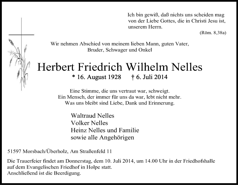  Traueranzeige für Herbert Friedrich Wilhelm Nelles vom 08.07.2014 aus Kölner Stadt-Anzeiger / Kölnische Rundschau / Express