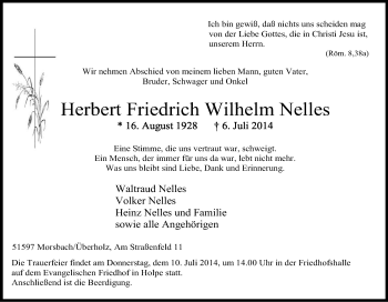 Anzeige von Herbert Friedrich Wilhelm Nelles von Kölner Stadt-Anzeiger / Kölnische Rundschau / Express