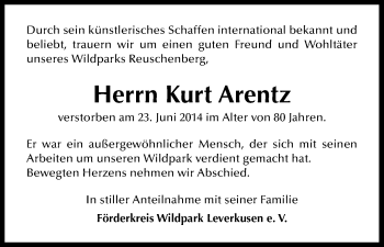 Anzeige von Kurt Arentz von Kölner Stadt-Anzeiger / Kölnische Rundschau / Express